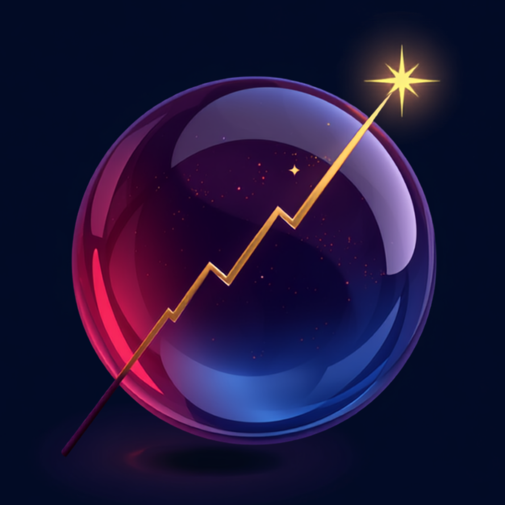 The WizRev orb: a crystal ball with a rising gold revenue line becoming a wand